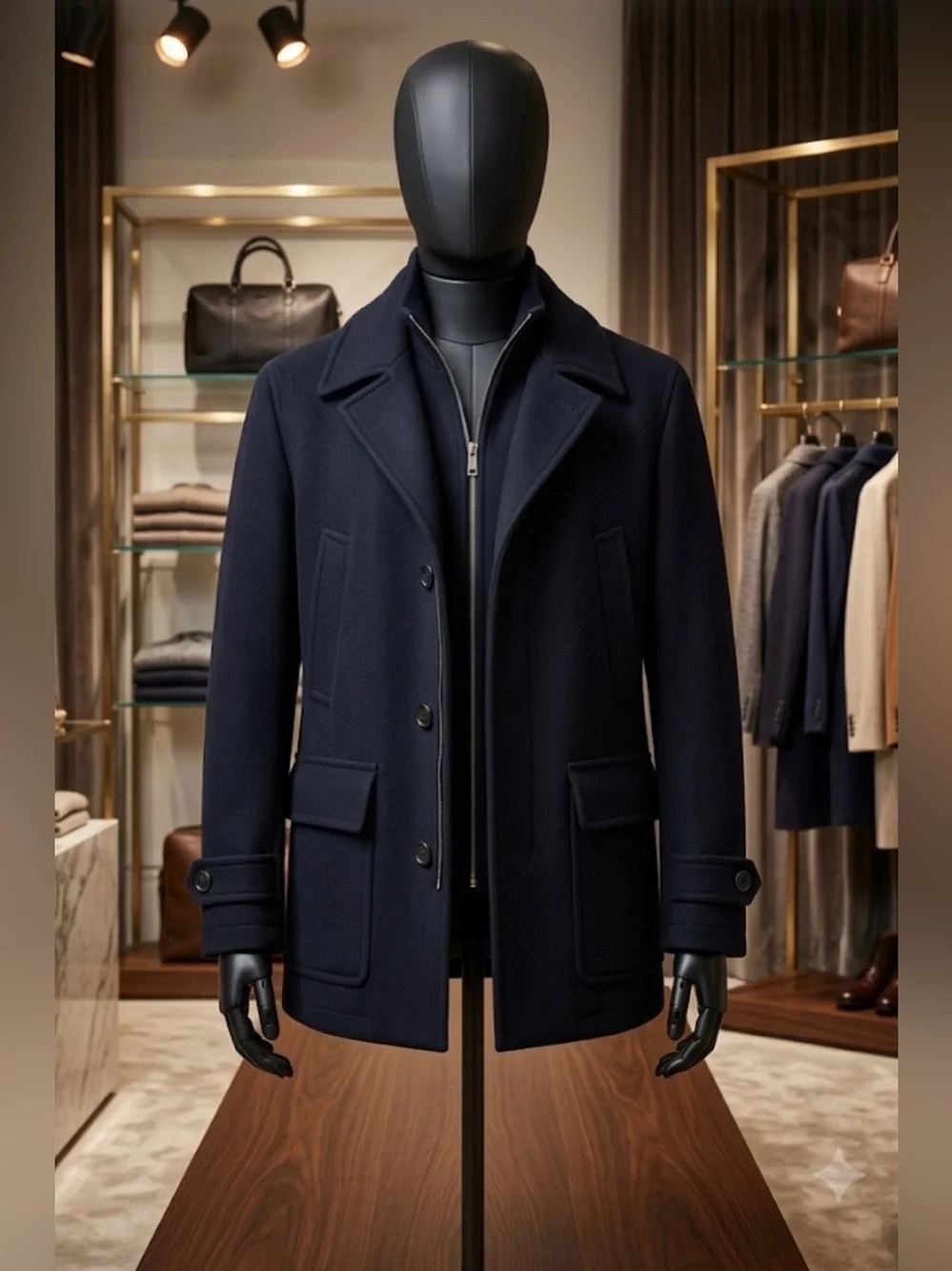 Men's Navy Wool Pea Coat with Zip-Front Layer